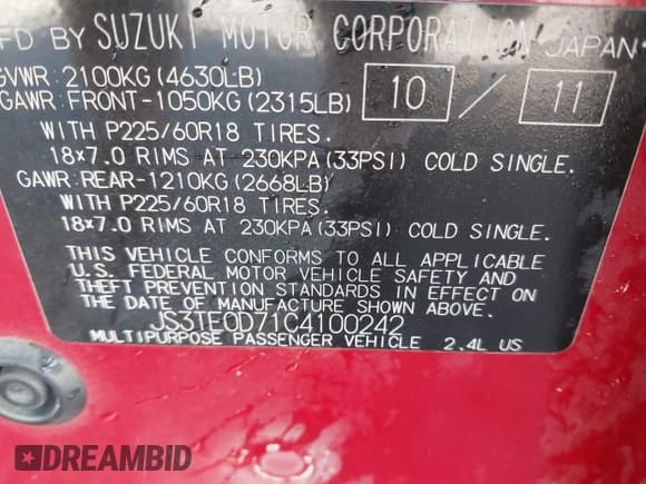 ✅ 2012 Suzuki Grand Vitara Limited • VIN: JS3TE0D71C4100242 • Lot: 43610688. Listed on IAAI with 191,830 mi. Free auction sales archive from the USA and detailed vehicle history report at DreamBid. Image 9.