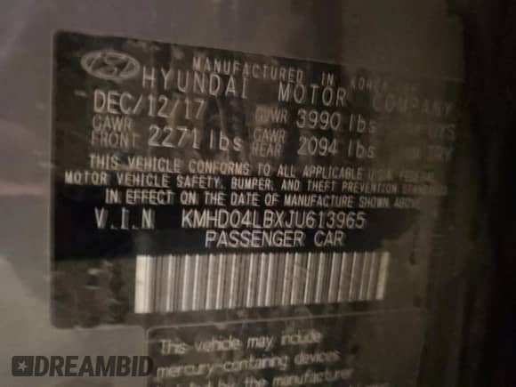 2018 Hyundai Elantra Sport с VIN KMHD04LBXJU613965, выставлен на аукционе Copart как лот 82159724 с пробегом Не указан миль и Списание • Salvage title. История ставок и продаж доступна на DreamBid. Изображение 12.