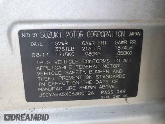 ✅ 2012 Suzuki SX4 Sportback • VIN: JS2YA5A5XC6300126 • Lot: 67850275. Listed on Copart with 118,419 mi. Free auction sales archive from the USA and detailed vehicle history report at DreamBid. Image 13.