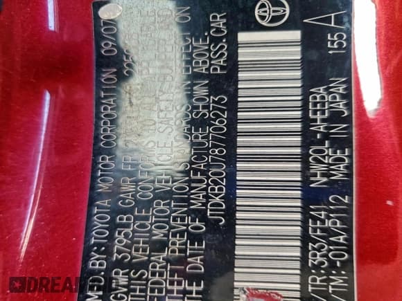 ✅ 2008 Toyota Prius • VIN: JTDKB20U787706273 • Lot: 84920835. Listed on Copart with 167,848 mi. Free auction sales archive from the USA and detailed vehicle history report at DreamBid. Image 13.