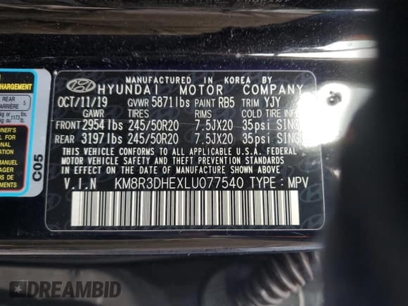 ✅ 2020 Hyundai Palisade SEL • VIN: KM8R3DHEXLU077540 • Lot: 91614195. Listed on Copart with 103,499 mi. Free auction sales archive from the USA and detailed vehicle history report at DreamBid. Image 13.