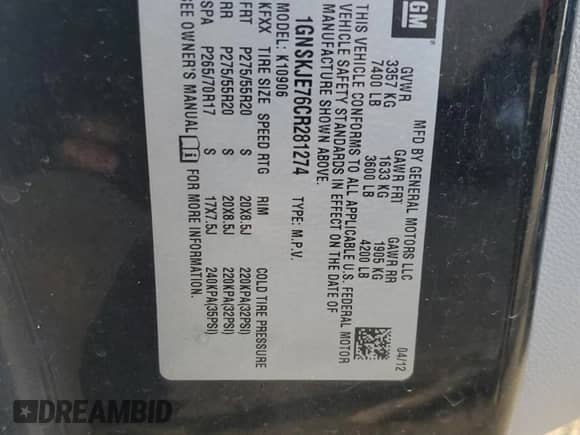 2012 Chevrolet Suburban LT z VIN 1GNSKJE76CR281274, wystawiony jako Copart lot #84215105 z przebiegiem 158 722 mil mil oraz Czysty tytuł • Clean title. Historia ofert i sprzedaży dostępna na DreamBid. Obrazek 13.