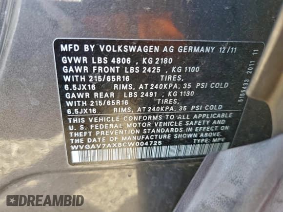 ✅ 2012 Volkswagen Tiguan S • VIN: WVGAV7AX8CW004725 • Lot: 95784145. Listed on Copart with 137,246 mi. Free auction sales archive from the USA and detailed vehicle history report at DreamBid. Image 13.