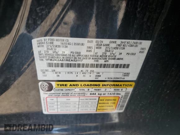 ✅ 2024 Ford Expedition Max Limited • VIN: 1FMJK2A81REA52117 • Lot: 67307385. Listed on Copart with 38,826 mi. Free auction sales archive from the USA and detailed vehicle history report at DreamBid. Image 12.