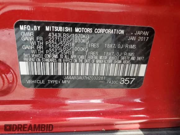 2017 Mitsubishi Outlander ES with VIN JA4AR3AU7HZ032281, listed as a Copart auction lot 69780575 with 121,528 mi miles and Salvage title. Bid and sale history available at DreamBid. Image 13.