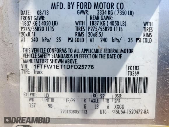 ✅ 2013 Ford F-150 XL • VIN: 1FTFW1ET1DFD25776 • Лот: 61003205. Опубликован ранее на Copart с пробегом 117 241 миль. Бесплатный доступ к архиву аукционных продаж из США и подробный отчёт об истории автомобиля на DreamBid. Изображение 12.