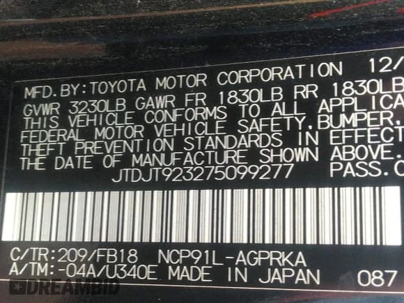 ✅ 2007 Toyota Yaris • VIN: JTDJT923275099277 • Lot: 43315042. Listed on IAAI with 182,280 mi. Free auction sales archive from the USA and detailed vehicle history report at DreamBid. Image 9.