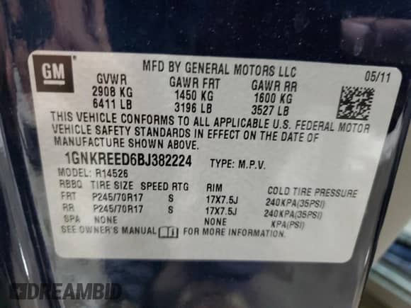 2011 Chevrolet Traverse LS z VIN 1GNKREED6BJ382224, wystawiony jako Copart lot #87210605 z przebiegiem 131 480 mil mil oraz Szkoda całkowita • Salvage title. Historia ofert i sprzedaży dostępna na DreamBid. Obrazek 13.