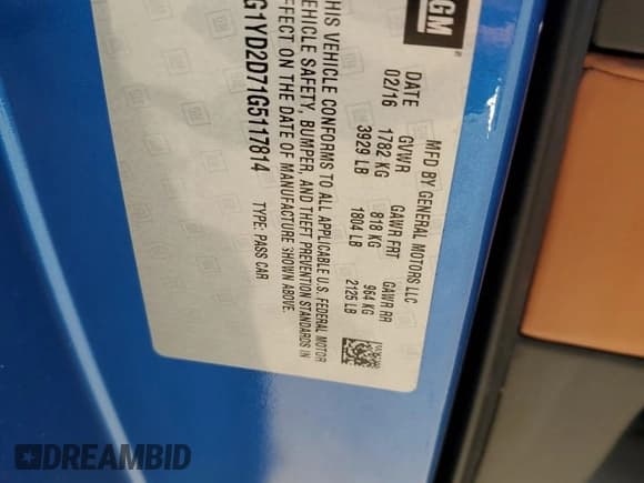 ✅ 2016 Chevrolet Corvette 2LT • VIN: 1G1YD2D71G5117814 • Lot: 68249015. Listed on Copart with 39,579 mi. Free auction sales archive from the USA and detailed vehicle history report at DreamBid. Image 12.