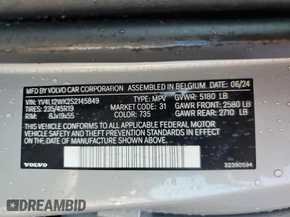✅ 2025 Volvo V60 Plus • VIN: YV4L12WK2S2145849 • Лот: 62395275. Опубликован ранее на Copart с пробегом 14 917 миль. Бесплатный доступ к архиву аукционных продаж из США и подробный отчёт об истории автомобиля на DreamBid. Изображение 12.