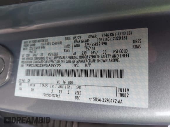 ✅ 2022 Ford Escape Titanium Hybrid • VIN: 1FMCU9DZ9NUA92705 • Лот: 41475869. Опубликован ранее на IAAI с пробегом 29 522 миль. Бесплатный доступ к архиву аукционных продаж из США и подробный отчёт об истории автомобиля на DreamBid. Изображение 9.