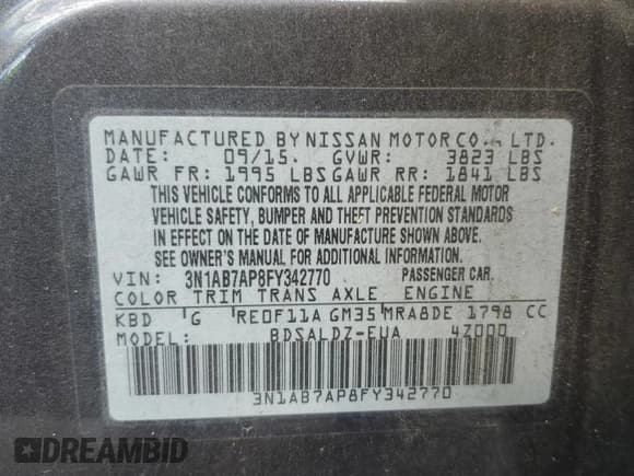 ✅ 2015 Nissan Sentra S • VIN: 3N1AB7AP8FY342770 • Lot: 85206845. Wystawiony na Copart z przebiegiem 98 572 mil. Bezpłatny archiwum sprzedaży aukcyjnych z USA i szczegółowy raport historii pojazdu na DreamBid. Zdjęcie 12.