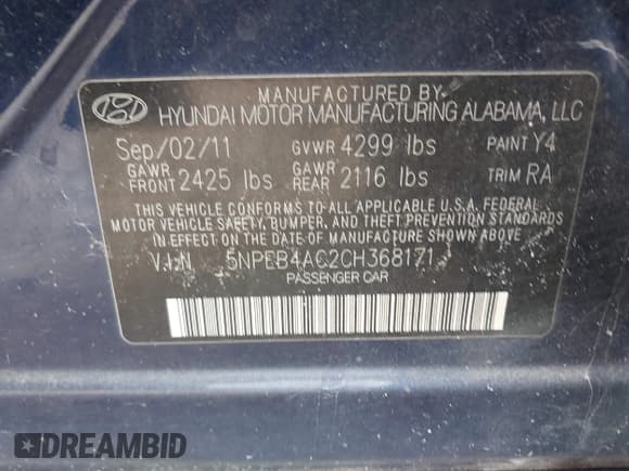 ✅ 2012 Hyundai Sonata GLS • VIN: 5NPEB4AC2CH368171 • Лот: 43397994. Опубликован ранее на IAAI с пробегом Не указан. Бесплатный доступ к архиву аукционных продаж из США и подробный отчёт об истории автомобиля на DreamBid. Изображение 9.