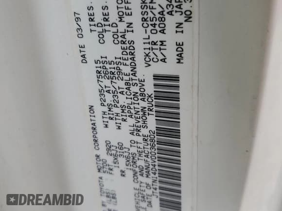 ✅ 1997 Toyota T100 SR5 • VIN: JT4TN14D4V0036802 • Lot: 46488605. Wystawiony na Copart z przebiegiem 182 249 mil. Bezpłatny archiwum sprzedaży aukcyjnych z USA i szczegółowy raport historii pojazdu na DreamBid. Zdjęcie 12.