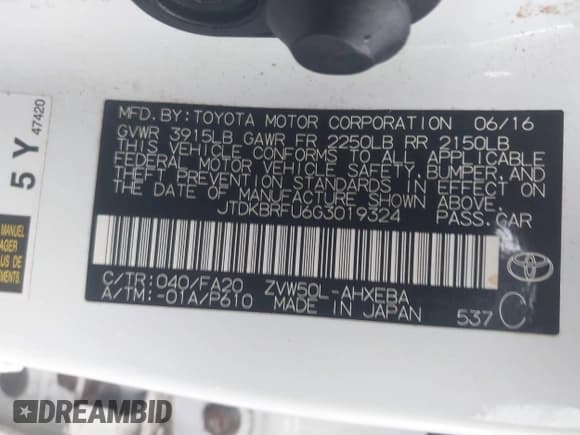 ✅ 2016 Toyota Prius Two • VIN: JTDKBRFU6G3019324 • Lot: 43742869. Listed on IAAI with 244,384 mi. Free auction sales archive from the USA and detailed vehicle history report at DreamBid. Image 9.