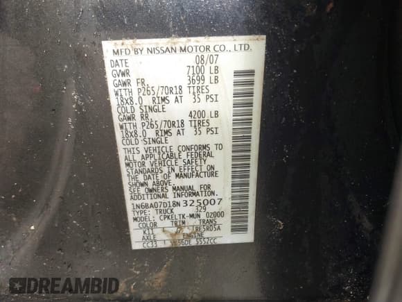 ✅ 2008 Nissan Titan XE • VIN: 1N6BA07D18N325007 • Lot: 41599500. Wystawiony na IAAI z przebiegiem 300 968 mil. Bezpłatny archiwum sprzedaży aukcyjnych z USA i szczegółowy raport historii pojazdu na DreamBid. Zdjęcie 9.