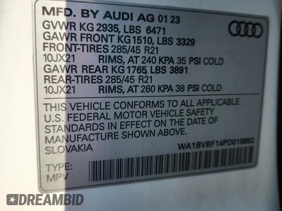 ✅ 2023 Audi Q8 Premium Plus • VIN: WA1BVBF14PD018892 • Lot: 70305565. Listed on Copart with 21,106 mi. Free auction sales archive from the USA and detailed vehicle history report at DreamBid. Image 13.