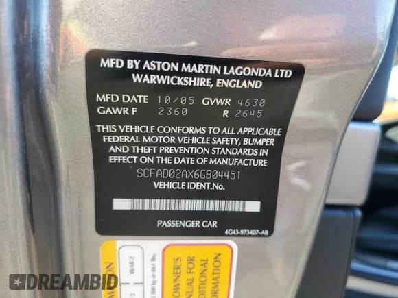 ✅ 2006 Aston Martin DB9 • VIN: SCFAD02AX6GB04451 • Lot: 41878695. Wystawiony na Copart z przebiegiem 26 407 mil. Bezpłatny archiwum sprzedaży aukcyjnych z USA i szczegółowy raport historii pojazdu na DreamBid. Zdjęcie 12.