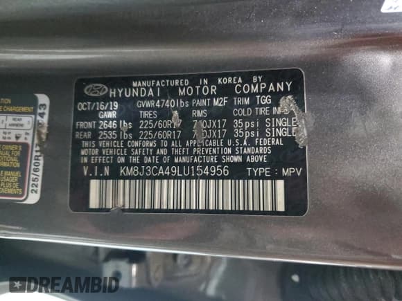 ✅ 2020 Hyundai Tucson Value • VIN: KM8J3CA49LU154956 • Lot: 93899155. Listed on Copart with 165,555 mi. Free auction sales archive from the USA and detailed vehicle history report at DreamBid. Image 13.