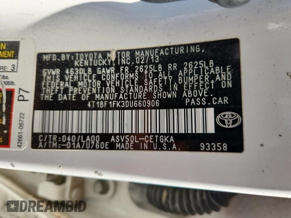 ✅ 2013 Toyota Camry L • VIN: 4T1BF1FK3DU660906 • Lot: 69567745. Listed on Copart with Not provided. Free auction sales archive from the USA and detailed vehicle history report at DreamBid. Image 12.