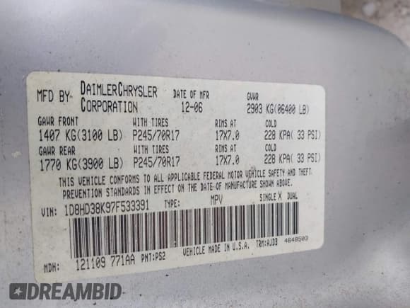 ✅ 2007 Dodge Durango SXT • VIN: 1D8HD38K97F533391 • Lot: 42213617. Listed on IAAI with 224,855 mi. Free auction sales archive from the USA and detailed vehicle history report at DreamBid. Image 9.