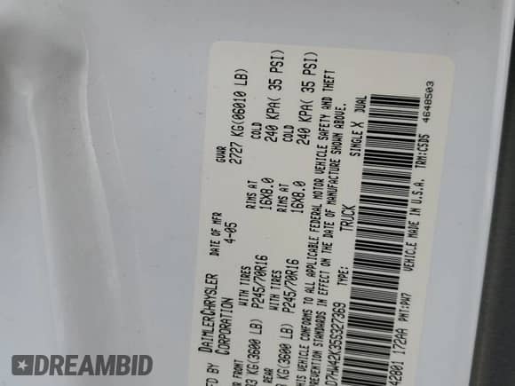 2005 Dodge Dakota SLT with VIN 1D7HW42K35S327369, listed as a Copart auction lot 71760844 with 193,331 mi miles and Salvage title. Bid and sale history available at DreamBid. Image 12.