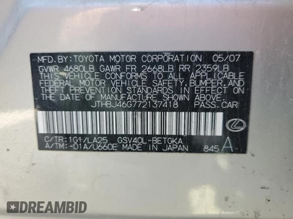 ✅ 2007 Lexus ES 330 • VIN: JTHBJ46G772137418 • Lot: 86692185. Wystawiony na Copart z przebiegiem 186 616 mil. Bezpłatny archiwum sprzedaży aukcyjnych z USA i szczegółowy raport historii pojazdu na DreamBid. Zdjęcie 12.