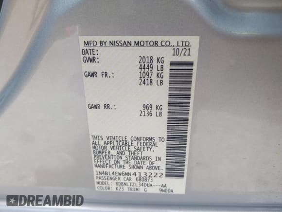 ✅ 2021 Nissan Altima SL • VIN: 1N4BL4EW6MN413222 • Lot: 42297130. Wystawiony na IAAI z przebiegiem 34 304 mil. Bezpłatny archiwum sprzedaży aukcyjnych z USA i szczegółowy raport historii pojazdu na DreamBid. Zdjęcie 9.