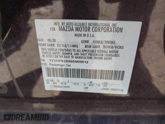 ✅ 2009 Mazda 6 S Grand Touring • VIN: 1YVHP82B695M09612 • Lot: 42537398. Listed on IAAI with 168,931 mi. Free auction sales archive from the USA and detailed vehicle history report at DreamBid. Image 9.