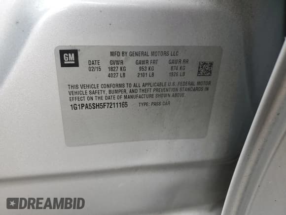 ✅ 2015 Chevrolet Cruze LS • VIN: 1G1PA5SH5F7211165 • Lot: 89738025. Listed on Copart with 158,344 mi. Free auction sales archive from the USA and detailed vehicle history report at DreamBid. Image 12.