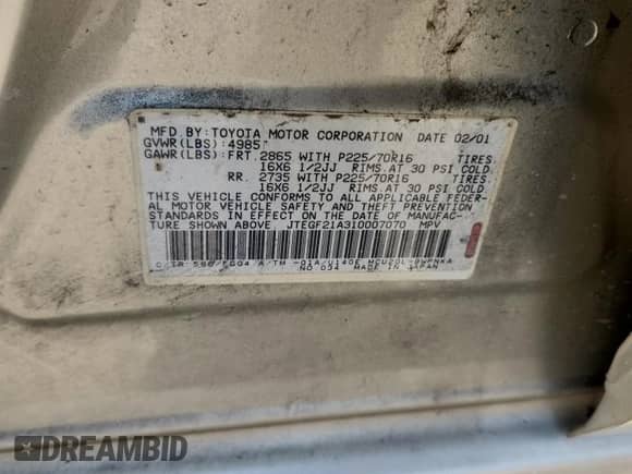 2001 Toyota Highlander с VIN JTEGF21A310007070, выставлен на аукционе Copart как лот 69781195 с пробегом 188 074 миль миль и На запчасти • Non repairable. История ставок и продаж доступна на DreamBid. Изображение 12.