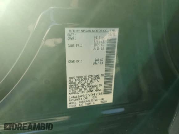 2015 Nissan Altima S with VIN 1N4AL3AP5FC594736, listed as a Copart auction lot 85823375 with Not provided miles and Salvage title. Bid and sale history available at DreamBid. Image 12.