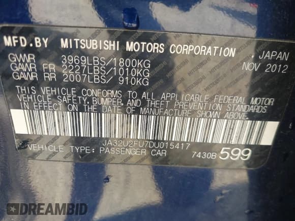 ✅ 2013 Mitsubishi Lancer ES • VIN: JA32U2FU7DU015417 • Lot: 42907186. Listed on IAAI with 114,892 mi. Free auction sales archive from the USA and detailed vehicle history report at DreamBid. Image 9.