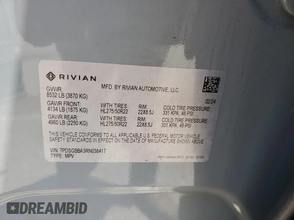 ✅ 2024 Rivian R1S Adventure • VIN: 7PDSGBBA3RN038417 • Лот: 60934775. Опубликован ранее на Copart с пробегом 22 772 миль. Бесплатный доступ к архиву аукционных продаж из США и подробный отчёт об истории автомобиля на DreamBid. Изображение 14.