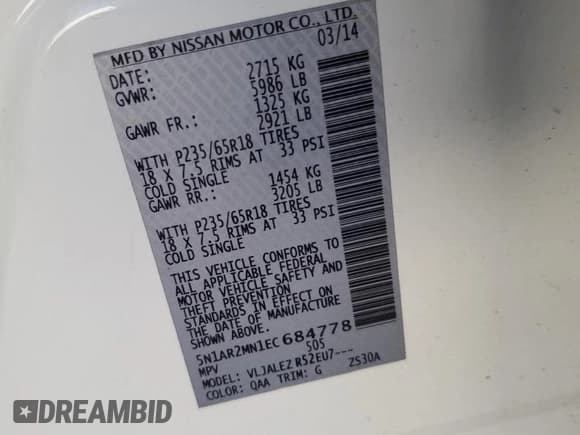 ✅ 2014 Nissan Pathfinder SV • VIN: 5N1AR2MN1EC684778 • Lot: 49298665. Listed on Copart with 161,245 mi. Free auction sales archive from the USA and detailed vehicle history report at DreamBid. Image 13.