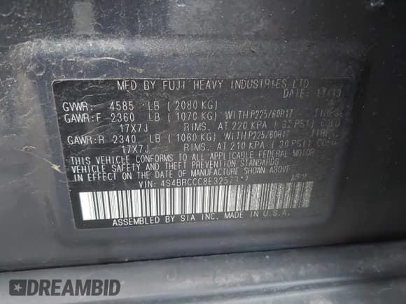 ✅ 2014 Subaru Outback Premium • VIN: 4S4BRCCC8E3257317 • Lot: 43634760. Listed on IAAI with 178,626 mi. Free auction sales archive from the USA and detailed vehicle history report at DreamBid. Image 9.