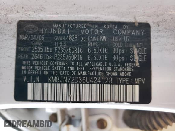 2006 Hyundai Tucson GLS z VIN KM8JN72D36U424123, wystawiony jako Copart lot #66989924 z przebiegiem 153 459 mil mil oraz Czysty tytuł • Clean title. Historia ofert i sprzedaży dostępna na DreamBid. Obrazek 13.