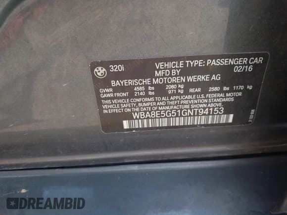 ✅ 2016 BMW 3 Series 320i xDrive • VIN: WBA8E5G51GNT94153 • Lot: 43264942. Listed on IAAI with 110,562 mi. Free auction sales archive from the USA and detailed vehicle history report at DreamBid. Image 9.