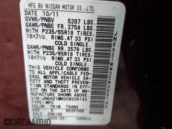 ✅ 2012 Nissan Murano LE • VIN: JN8AZ1MW2CW208143 • Lot: 84861195. Listed on Copart with 53,849 mi. Free auction sales archive from the USA and detailed vehicle history report at DreamBid. Image 13.