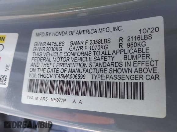 ✅ 2021 Honda Accord Sport SE • VIN: 1HGCV1F45MA006599 • Лот: 43587125. Опубликован ранее на IAAI с пробегом 69 026 миль. Бесплатный доступ к архиву аукционных продаж из США и подробный отчёт об истории автомобиля на DreamBid. Изображение 9.