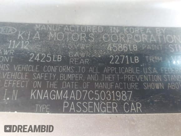 ✅ 2012 Kia Optima Hybrid • VIN: KNAGM4AD7C5031987 • Lot: 43286976. Listed on IAAI with 164,320 mi. Free auction sales archive from the USA and detailed vehicle history report at DreamBid. Image 9.