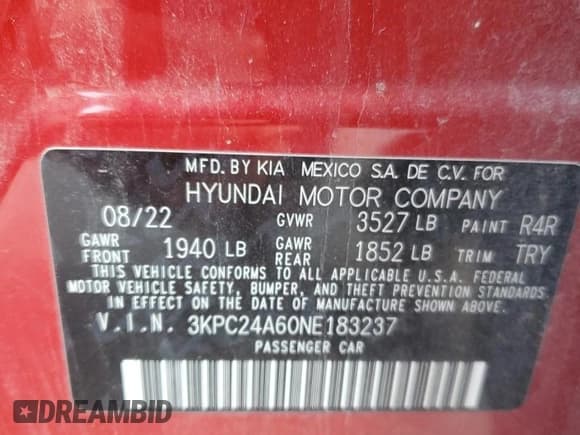 ✅ 2022 Hyundai Accent SE • VIN: 3KPC24A60NE183237 • Lot: 75048464. Listed on Copart with Not provided. Free auction sales archive from the USA and detailed vehicle history report at DreamBid. Image 15.