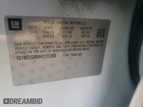 ✅ 2017 Chevrolet Cruze LT • VIN: 1G1BE5SM6H7173265 • Lot: 72504492. Listed on Copart with 61,114 mi. Free auction sales archive from the USA and detailed vehicle history report at DreamBid. Image 12.