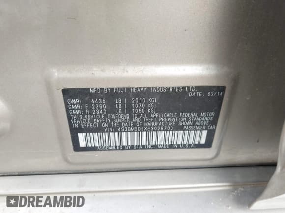 ✅ 2014 Subaru Legacy Premium • VIN: 4S3BMBD6XE3029700 • Lot: 42103113. Listed on IAAI with 105,043 mi. Free auction sales archive from the USA and detailed vehicle history report at DreamBid. Image 9.