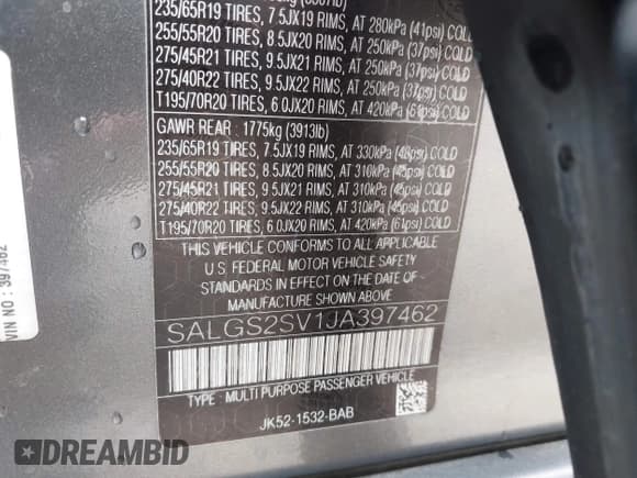 ✅ 2018 Land Rover Range Rover HSE • VIN: SALGS2SV1JA397462 • Lot: 42166558. Listed on IAAI with 55,421 mi. Free auction sales archive from the USA and detailed vehicle history report at DreamBid. Image 9.