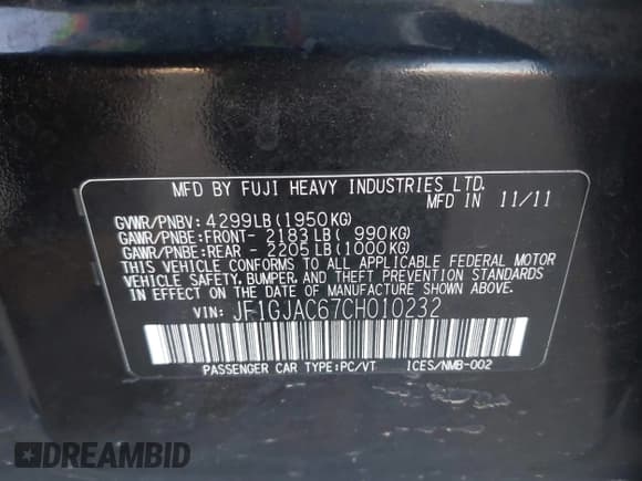 ✅ 2012 Subaru Impreza Premium • VIN: JF1GJAC67CH010232 • Lot: 43861471. Listed on IAAI with 160,015 mi. Free auction sales archive from the USA and detailed vehicle history report at DreamBid. Image 9.