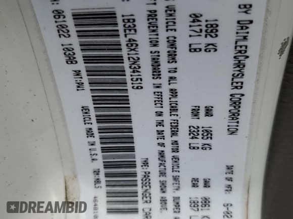 ✅ 2002 Dodge Stratus SXT • VIN: 1B3EL46X12N341519 • Lot: 53983965. Wystawiony na Copart z przebiegiem 88 157 mil. Bezpłatny archiwum sprzedaży aukcyjnych z USA i szczegółowy raport historii pojazdu na DreamBid. Zdjęcie 12.