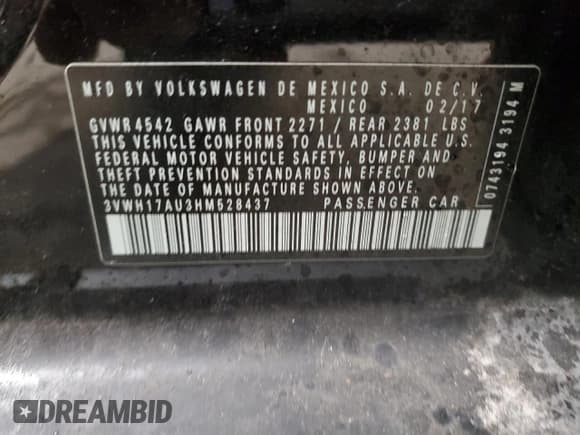 ✅ 2017 Volkswagen Golf S • VIN: 3VWH17AU3HM528437 • Lot: 89918655. Listed on Copart with 75,519 mi. Free auction sales archive from the USA and detailed vehicle history report at DreamBid. Image 14.