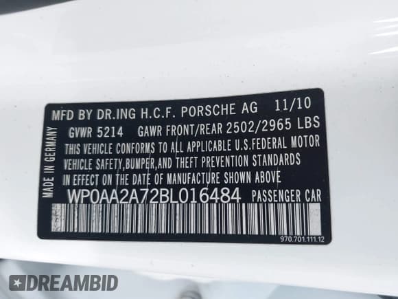 ✅ 2011 Porsche Panamera • VIN: WP0AA2A72BL016484 • Lot: 42520751. Listed on IAAI with 94,482 mi. Free auction sales archive from the USA and detailed vehicle history report at DreamBid. Image 9.