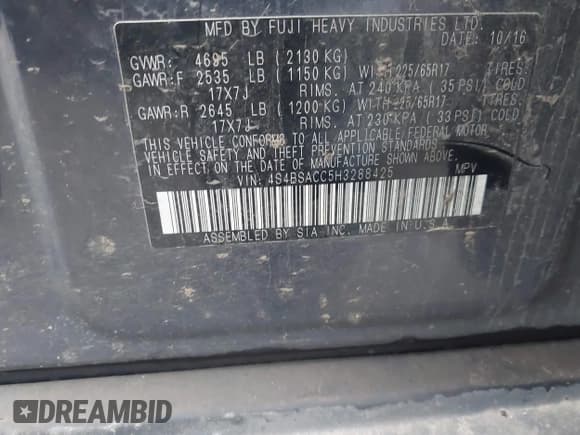 ✅ 2017 Subaru Outback Premium • VIN: 4S4BSACC5H3288425 • Лот: 43692863. Опубликован ранее на IAAI с пробегом 122 860 миль. Бесплатный доступ к архиву аукционных продаж из США и подробный отчёт об истории автомобиля на DreamBid. Изображение 9.